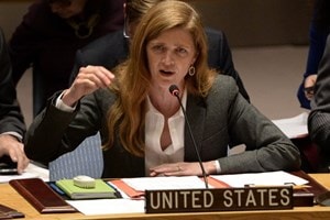 Đại diện thường trực của Mỹ tại Liên hợp quốc Samantha Power phát biểu tại phiên họp của Hội đồng Bảo an về tình hình Ukraine tại New York ngày 3/3. (Nguồn: AFP/TTXVN)