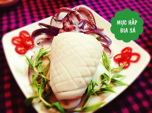 mực hấp, xốt me, canh cải