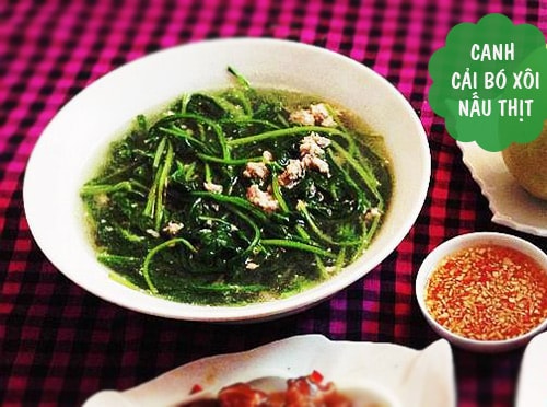 mực hấp, xốt me, canh cải