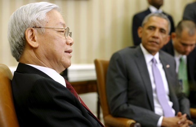 Tổng bí thư Nguyễn Phú Trọng trong cuộc gặp với ông Obama - Ảnh: Reuters