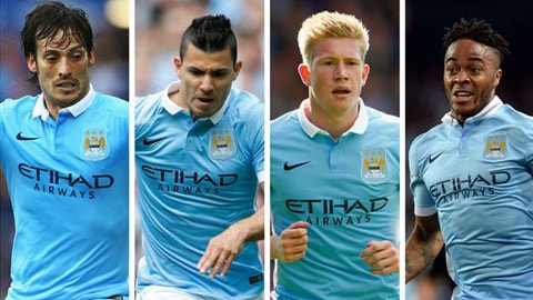 4 ngôi sao tấn công của Man City sẽ là Silva, Aguero, De Bruyne, Sterling