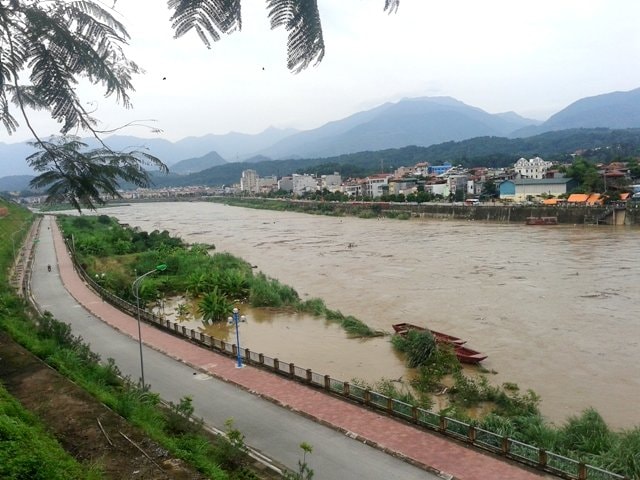 Nhiều vườn rau và hoa màu của người dân ở hai bên bờ sông bị nhấn chìm trong nước - Ảnh: Hồng Thảo