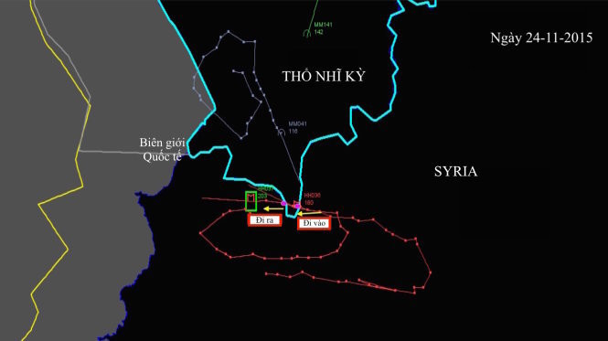 Ảnh đồ họa Thổ Nhĩ Kỳ và Nga công bố về đường đi và tọa độ của chiếc máy bay: Đường đi ra (trái) - vào (phải) và ra của máy bay Nga ở vùng gần với biên giới Syria của Thổ Nhĩ Kỳ - Ảnh: New York Times