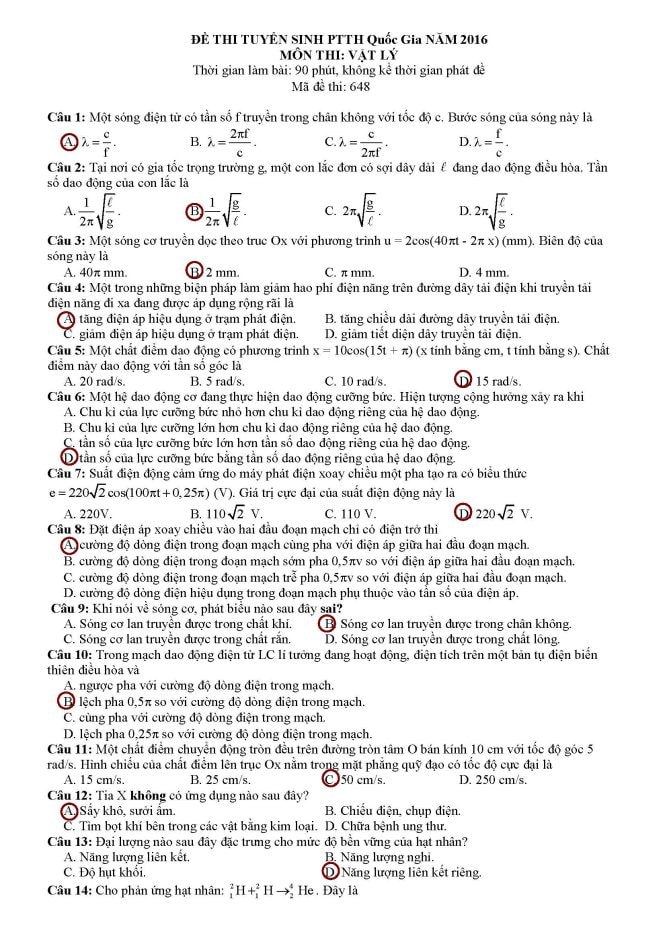 Đề thi, bài giải môn Vật lý THPT quốc gia 2016 