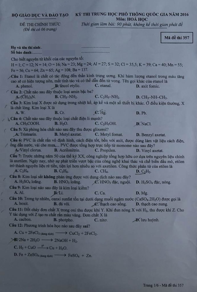 Bài giải, đề thi Hóa học THPT Quốc gia 2016 