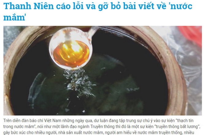 Báo Thanh Niên cáo lỗi và gỡ bỏ 5 bài viết về nước mắm 