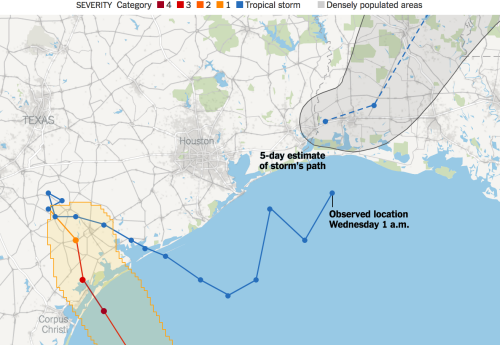 Đường đi của bão Harvey đến 1 giờ sáng 30/8. Đồ hoạ: NewYorkTimes.