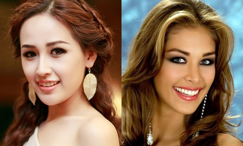 Hoa hậu Mai Phương Thúy (trái) và Miss Universe 2008 cùng chấm thi chung kết Hoa hậu Hoàn vũ Việt Nam.
