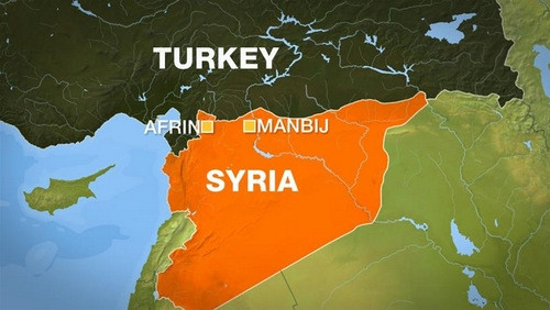 Khu vực Afrin và Manbij nằm giữa biên giới Thổ Nhĩ Kỳ - Syria. Đồ họa: Al Jazeera.