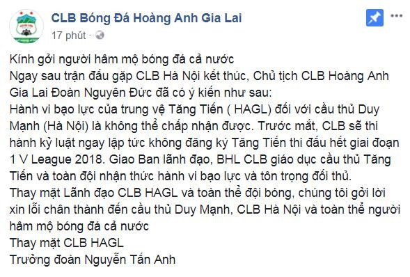 Thông báo kỷ luật của HAGL dành cho Tăng Tiến trên fanpage của đội bóng sau trận đấu với Hà Nội FC 