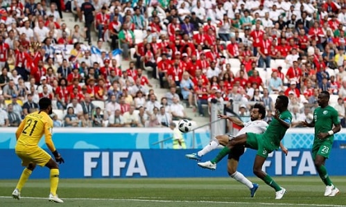 Bàn thắng thứ hai liên tiếp ở World Cup 2018 của Salah. Ảnh: ​Reuters.