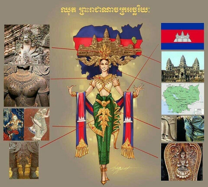 Quốc phục của Campuchia lấy cảm hứng từ nhiều di tích nổi tiếng và nét văn hóa của xứ sở chùa tháp.