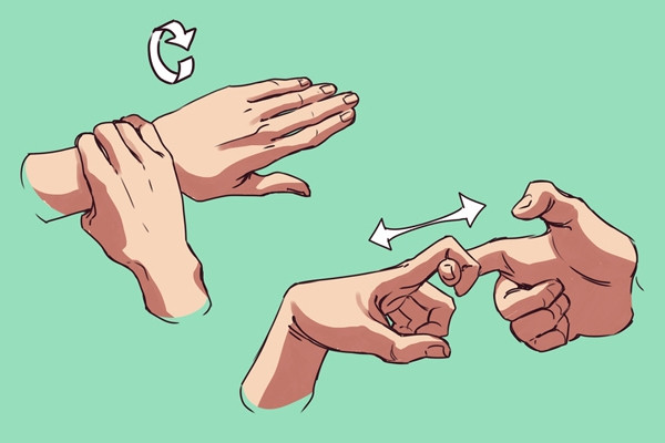 Nếu không có dụng cụ hỗ trợ, bạn có thể thư giãn cho cổ tay cách dùng tay còn lại xoay tròn, làm nóng cổ tay bên kia. Bài tập đơn giản hơn là lấy hai ngón tay trỏ ngoắc vào nhau rồi kéo căng, giữ trong 5 giây rồi thả lỏng. Lặp lại động tác 10 lần.