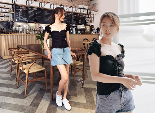 Áo kiểu dây rút có thể phối cùng quần shorts jeans hay chân váy jeans giúp tôn dáng người mặc, đồng thời tạo phong cách năng động, trẻ trung trong ngày hè.