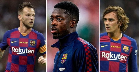 3 cầu thủ (trái sang) Rakitic, Dembele và Griezmann đang không hài lòng với Messi