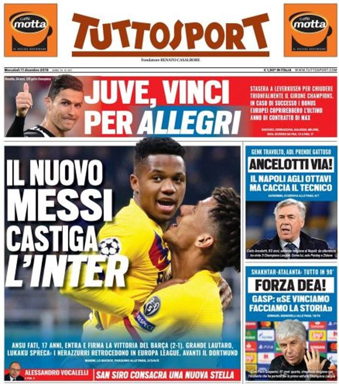 Trang bìa tờ Tuttosport so sánh Fati với Messi