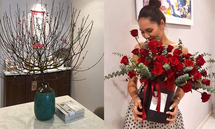 Hoa hậu Hương Giang mua hoa hồng, đào về trang hoàng nơi ở để có không khí xuân về. 
