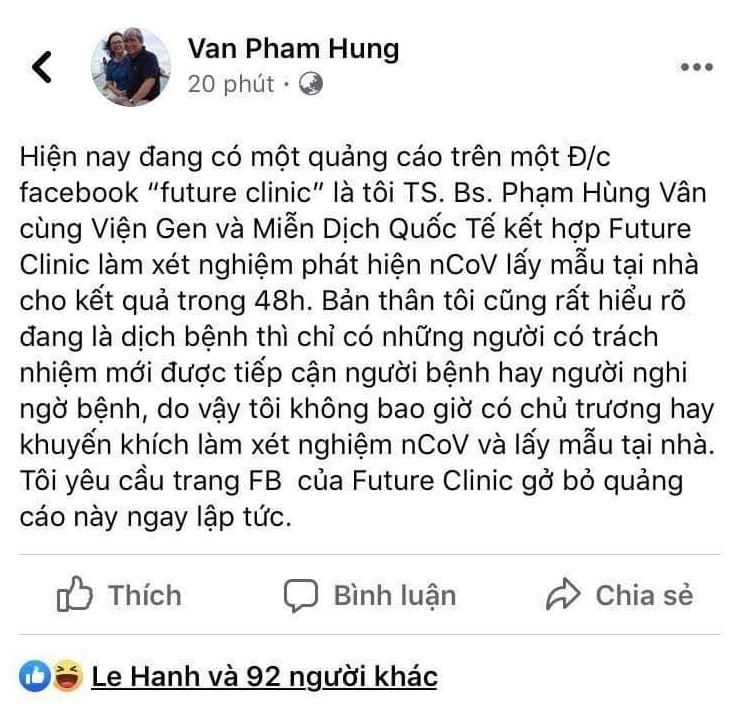 Phòng khám quảng cáo xét nghiệm virus corona tại nhà giá 3,8 triệu bị xử lý