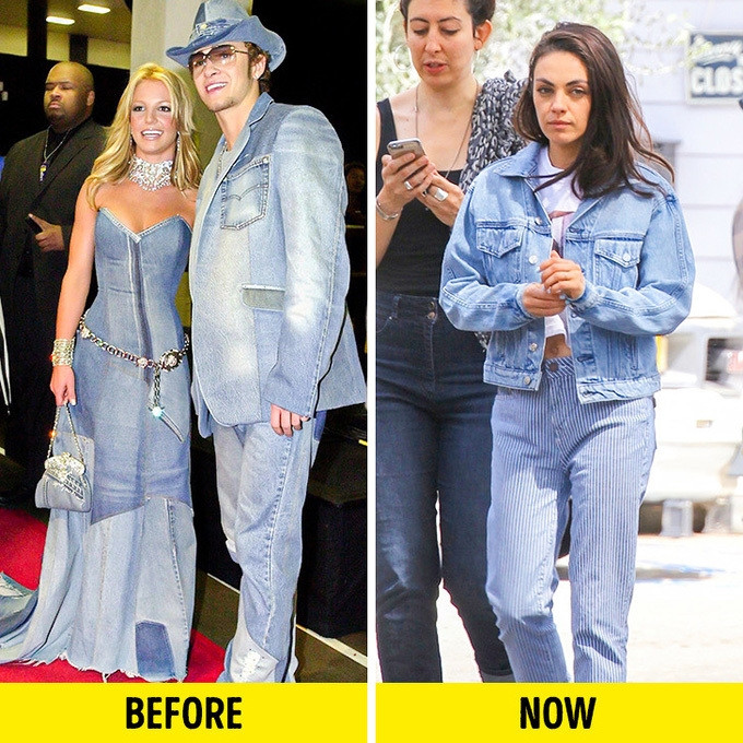 Nguyên cây denimBỏ qua nguyên tắc chỉ chọn áo hoặc quần denim, giới trẻ hiện không ngại khoác lên mình cả set mang chất liệu này, gợi nhắc tới hình ảnh cặp đôi vàng của làng nhạc Pop năm 2001 - Britney Spears và Justin Timberlake.
