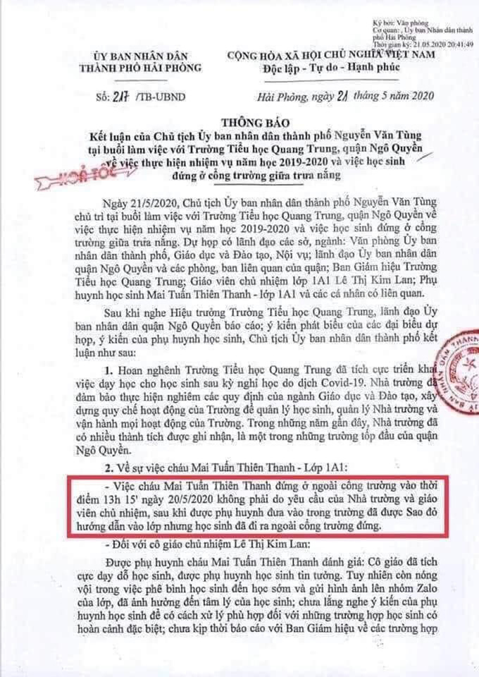 Phụ huynh học sinh lớp 1 A1 trường tiểu học Quang Trung, Ngô Quyền, Hải Phòng không đồng ý với nội dung bản thông báo kết luận số 217 ngày 21/5 của UBND thành phố. 