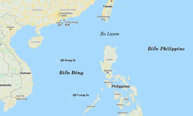 Vị trí Biển Philippines, Biển Đông và Eo Luzon. Đồ họa: Google Map.