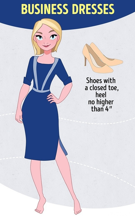 Đầm công sởĐể đảm bảo nét lịch sự và phù hợp trang phục, bạn nên mix đầm công sở với giày bít mũi, gót cao không quá 10 cm.