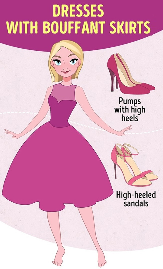 Đầm xòe rộng, dài qua gốiKiểu váy công chúa này ăn ý cùng giày hoặc sandal cao gót. Độ cao của chúng sẽ tạo bố cục hợp lý cho tổng thể và giúp mỗi bước chân thêm duyên dáng.