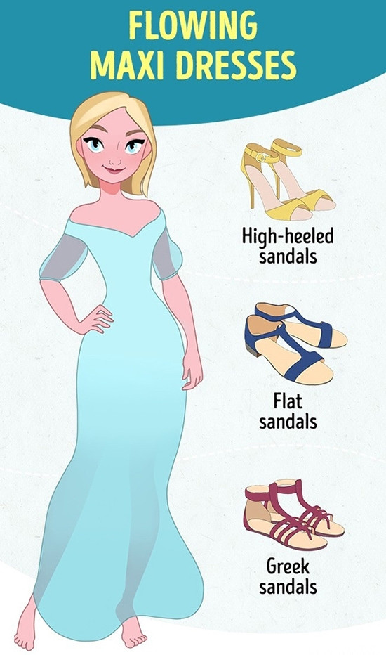 Váy maxi bay bổngSandal cao gót, sandal bệt đơn giản hay đan dây phong cách Hy Lạp đều phù hợp.