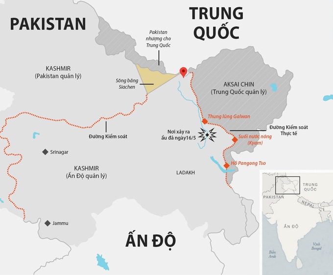 Vị trí căn cứ Daulat Beg Oldi của Ẩn Độ (đánh đấu đỏ). Đồ họa: Times.