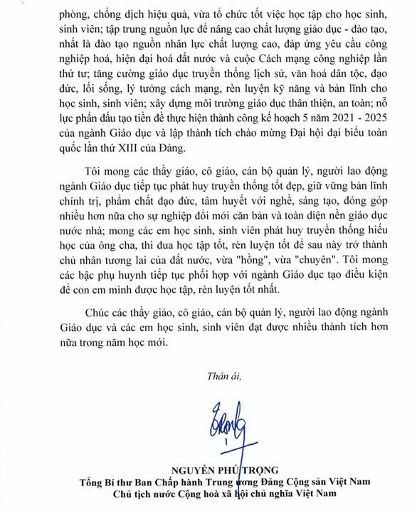 Tổng bí thư, Chủ tịch nước Nguyễn Phú Trọng gửi thư cho thầy, trò cả nước nhân khai giảng - Ảnh 3.