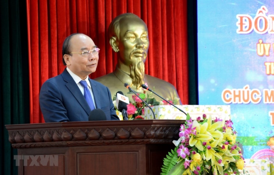 Thủ tướng Nguyễn Xuân Phúc phát biểu tại Bộ Chỉ huy Bộ đội Biên phòng thành phố Đà Nẵng. (Ảnh: Quốc Dũng/TTXVN)