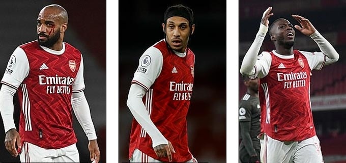 Lacazette, Aubameyang và Pepe lần đầu đá chính cùng nhau sau 45 trận nhưng để lại nhiều nỗi thất vọng
