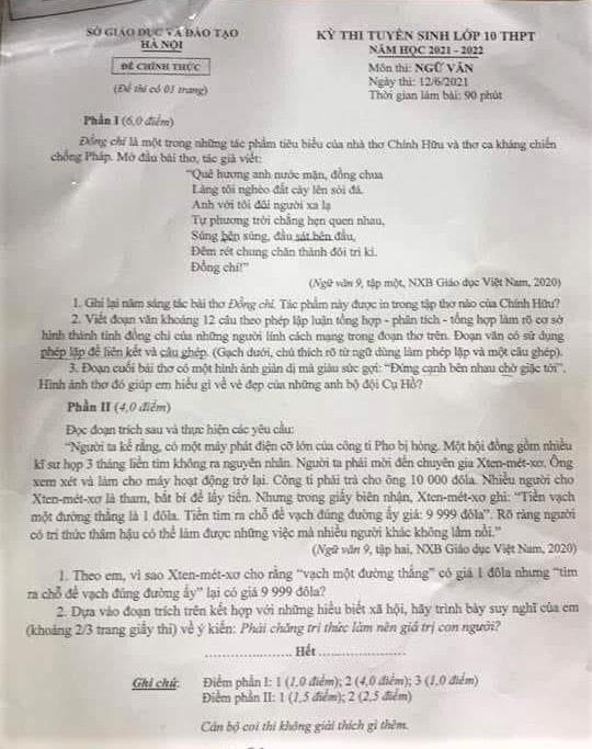 Đề Ngữ văn thi lớp 10 Hà Nội: Chuẩn xác nhưng cũ kỹ?