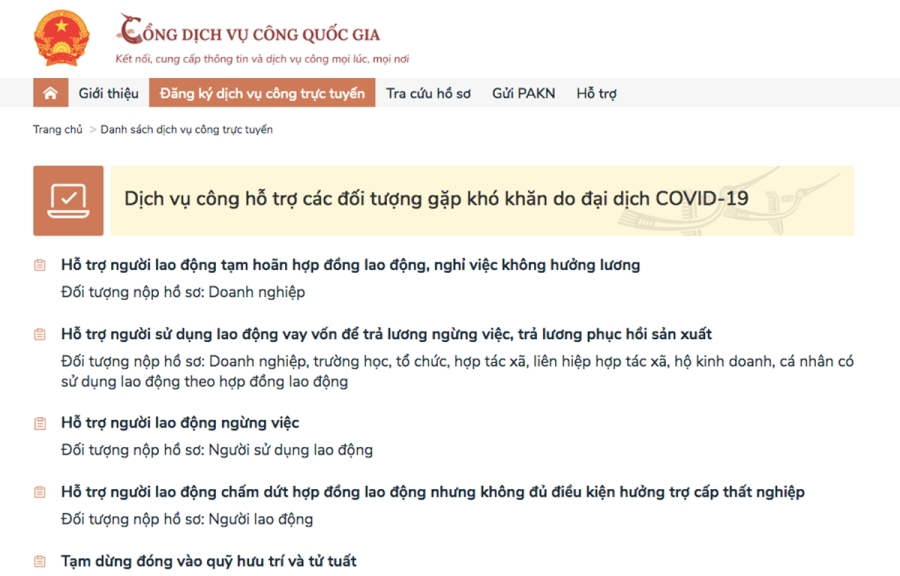 Các dịch vụ công do Bảo hiểm xã hội Việt Nam cung cấp trên dịch vụ công hỗ trợ các đối tượng gặp khó khăn do đại dịch COVID-19. (Ảnh: PV/Vietnam+)