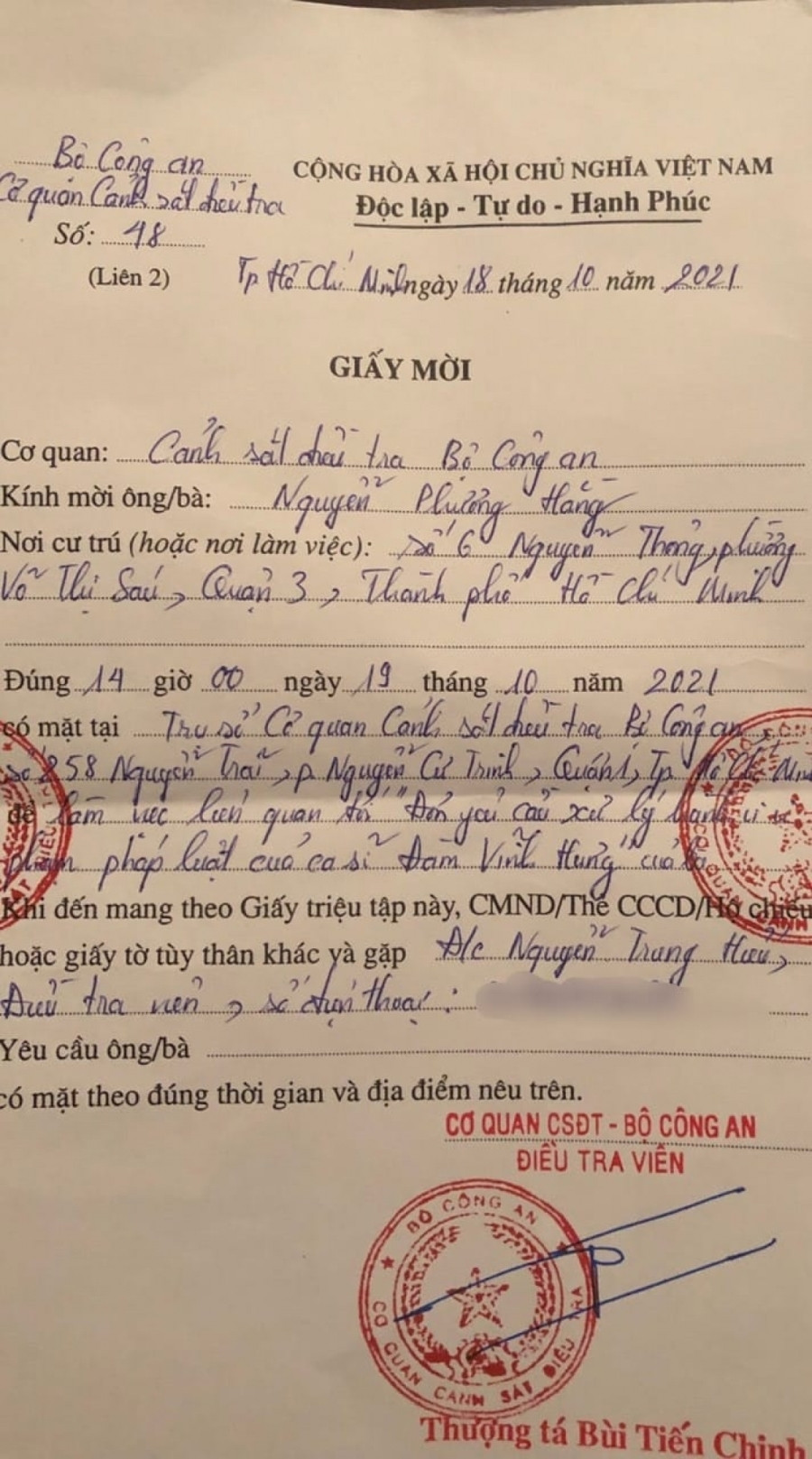 Cơ quan Cảnh sát điều tra - Bộ Công an gửi thư mời cho bà Hằng. (Ảnh: Facebook)