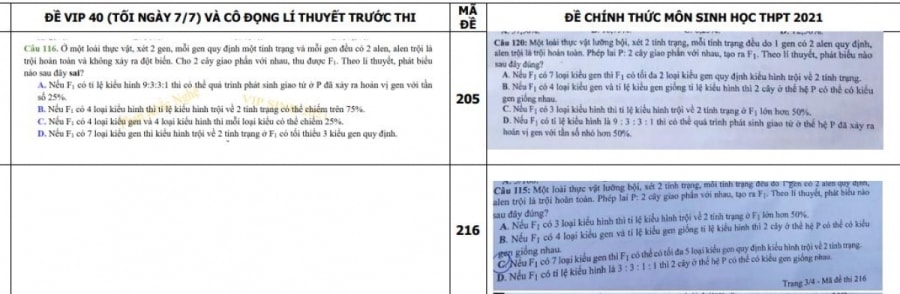 Bản so sánh một câu giữa đề thi chính thức và nội dung ôn tập của thầy Phan Khắc Nghệ. 