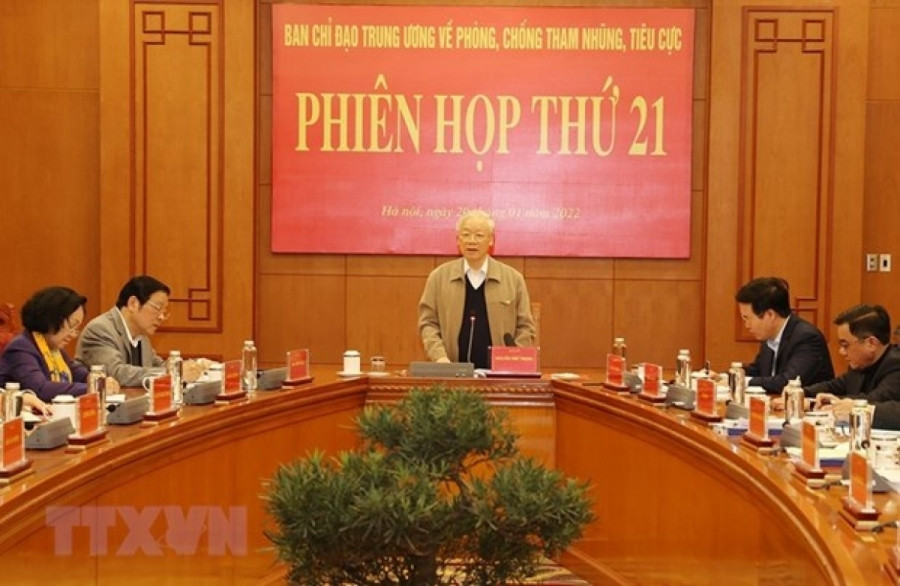 Tổng Bí thư Nguyễn Phú Trọng phát biểu kết luận Phiên họp thứ 21 của Ban Chỉ đạo Trung ương về phòng chống tham nhũng. (Ảnh: TTXVN)