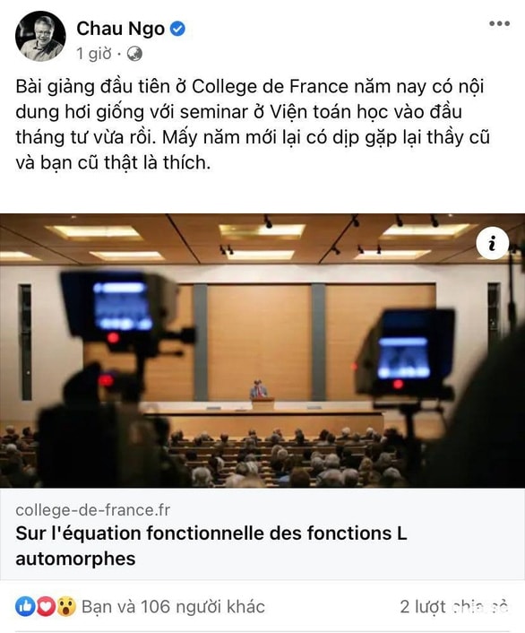 Giáo sư Ngô Bảo Châu trở lại mạng xã hội, đăng link gặp lại thầy cũ và bạn cũ’ - Ảnh 1.