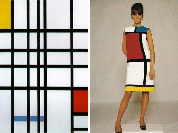 Bức tranh “Composition with Red, Yellow and Blue” (bên trái) của Piet Mondrian và mẫu thiết kế năm 1965 của Yves Saint Laurent.