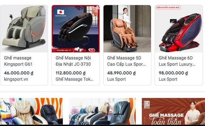 Ghế massage được quảng cáo, rao bán với giá từ vài chục đến cả trăm triệu đồng mỗi ghế - Ảnh chụp màn hình