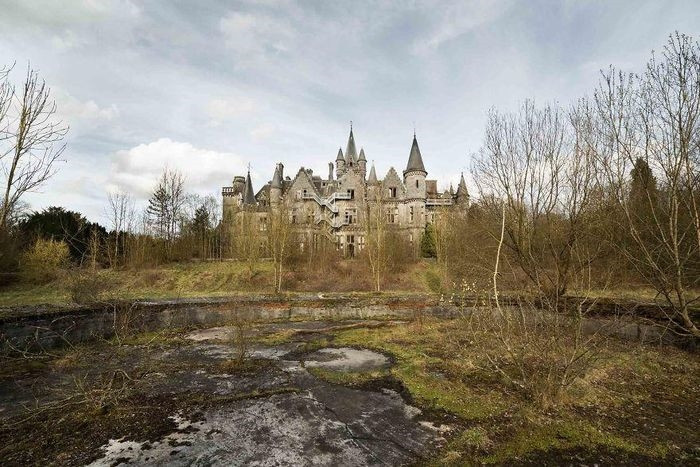 Lâu đài đồ sộ bị bỏ hoang ở Bỉ trông hoang vu giữa rừng cây.