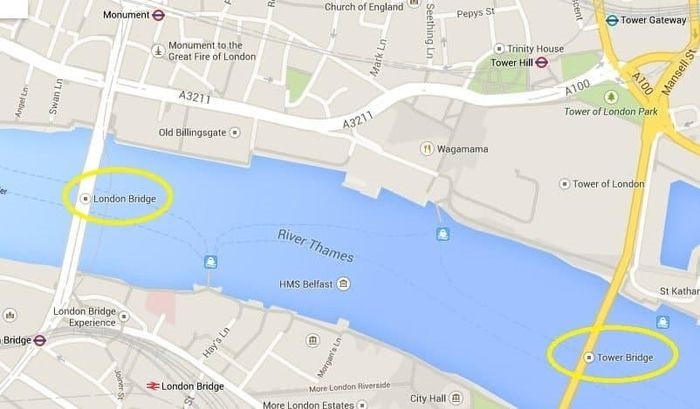  Cầu London (bên trái) và cầu tháp London (bên phải) dễ bị nhầm lẫn vì sự nổi tiếng của cả 2. Ảnh: Google Maps. 