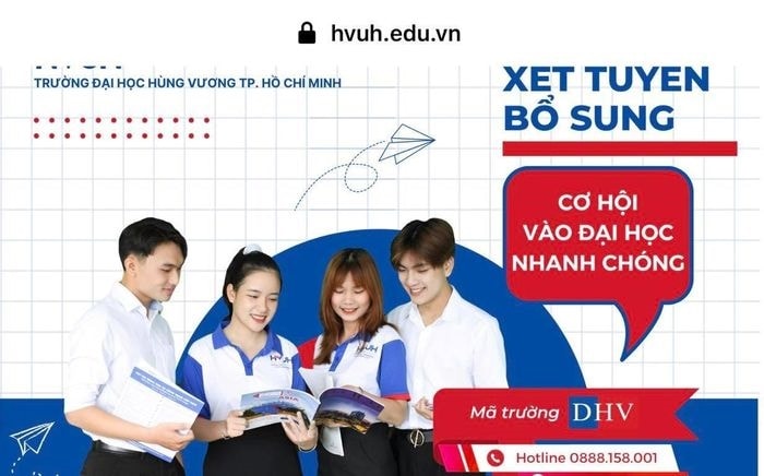 Trường Đại học Hùng Vương Thành phố Hồ Chí Minh thông báo xét tuyển bổ sung. Ảnh chụp màn hình: hvuh.edu.vn