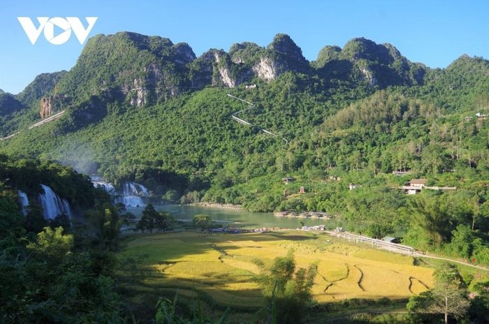 Thác Bản Giốc nằm ở xã Đàm Thủy, huyện Trùng Khánh, Cao Bằng. Đây là một danh thắng nằm giữa biên giới Việt Nam - Trung Quốc và là thác nước lớn nhất Đông Nam Á. Thác Bản Giốc mùa thu được đánh giá là đẹp nhất trong năm với nắng nhẹ, làn nước trong xanh bên những thửa ruộng lúa chín vàng.