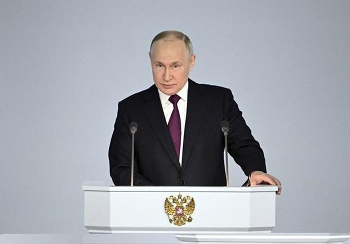 Tổng thống Nga Vladimir Putin đọc Thông điệp liên bang 2023. (Ảnh: Sputnik)