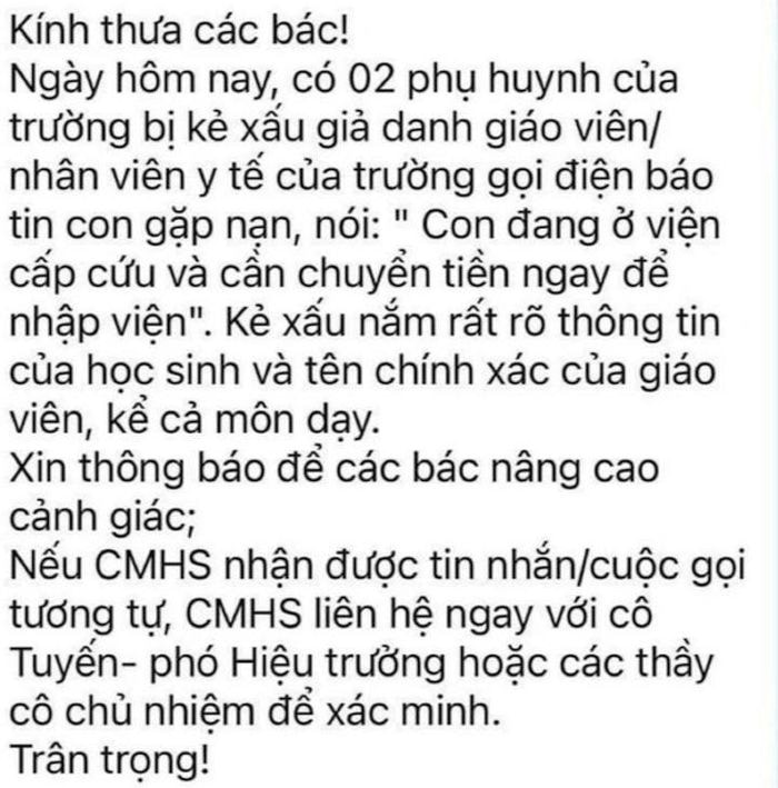 Thông báo của trường THPT Chu Văn An (Hà Nội) tới phụ huynh, cảnh giác chiêu thức lừa đảo mới.