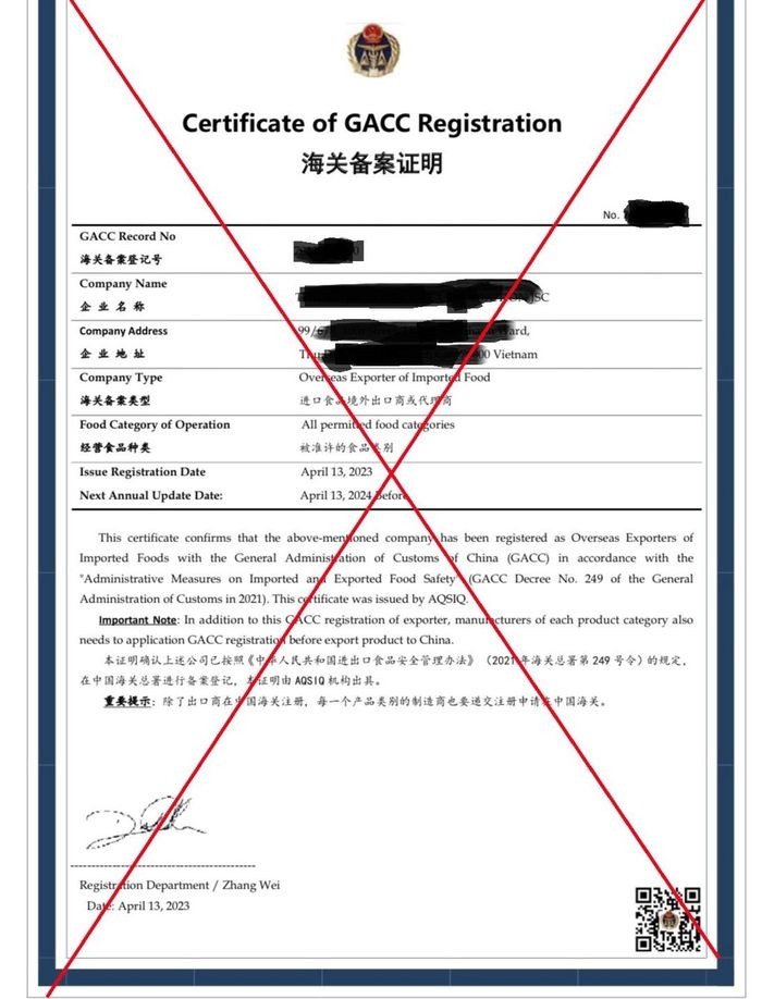 Văn phòng SPS cảnh báo tình trạng giả mạo Giấy chứng nhận đăng ký doanh nghiệp xuất khẩu nông sản thực phẩm của Tổng cục Hải quan Trung Quốc.