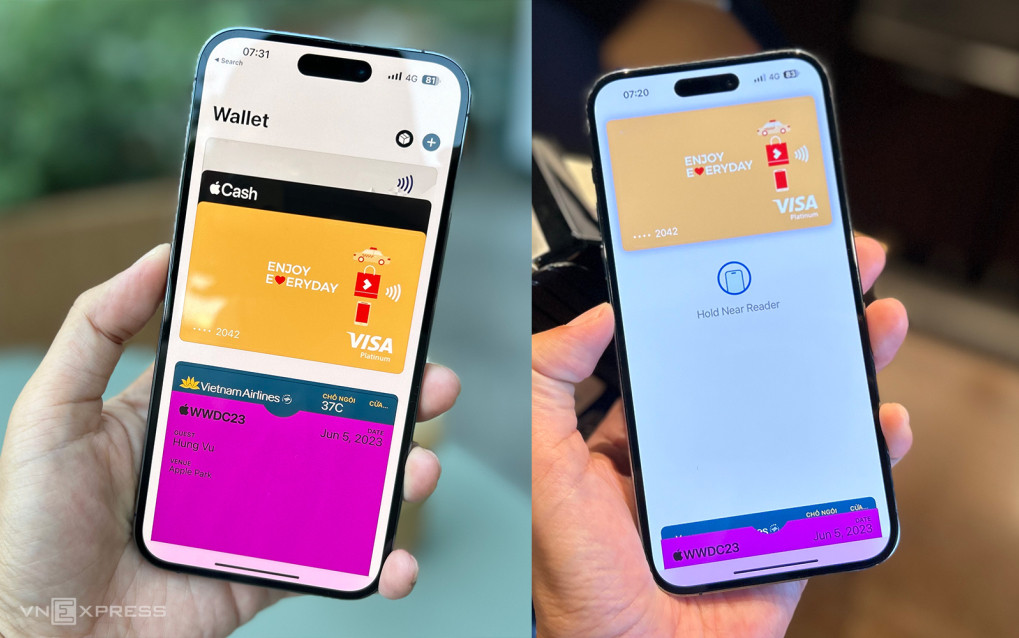 Thẻ tín dụng của ngân hàng Việt Nam có thể thêm vào ứng dụng Apple Wallet (Ví) và giao diện khi thanh toán bằng NFC (bên phải). Ảnh: Tuấn Hưng
