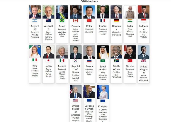 Ảnh chụp các nhà lãnh đạo thế giới được mời tham dự hội nghị G20 ở Ấn Độ từ trang web chính thức của hội nghị (g20.org).