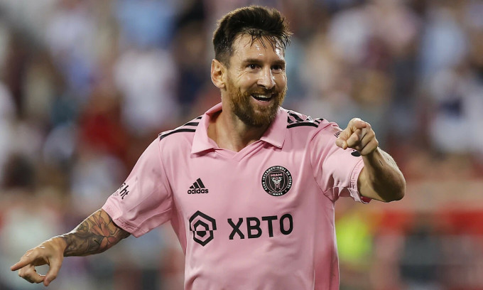 Messi mừng bàn vào lưới New York Red Bulls ở vòng 35 MLS trên sân Red Bull Arena, thành phố Harrison, bang New Jersey, Mỹ ngày 26/8/2023. Ảnh: AP